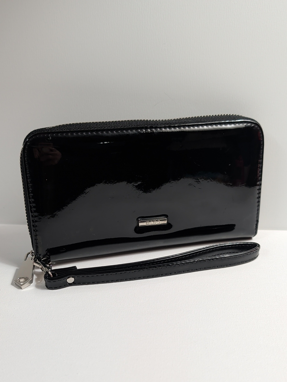 BCBG Black Patent Zip-Around Wristlet Wallet